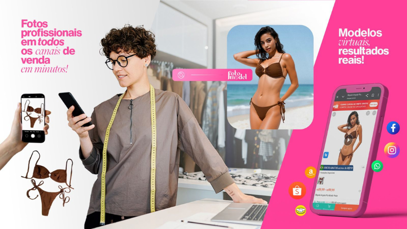 O FotoModel apresenta modelos virtuais com realismo, brilho e elegância, antecipando o futuro da moda digital.