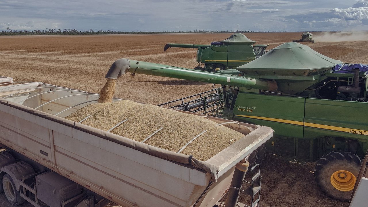 Colheitadeiras carregam soja em um caminhão durante a colheita em um campo agrícola no Brasil.