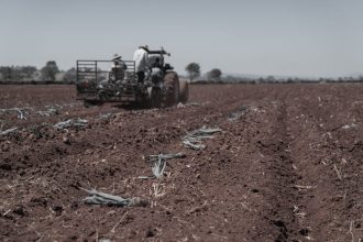 Agricultores trabalham em um trator preparando o solo de uma área rural para o próximo plantio.